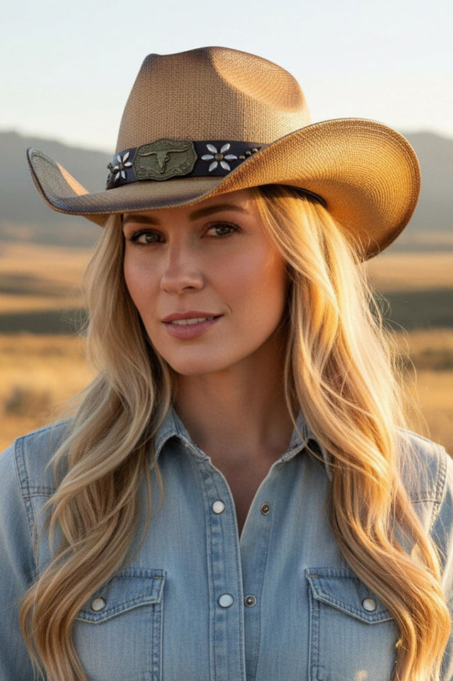 Lubbock Longhorn Taupe Distressed Straw Cowgirl Hat - Wholesale Accessory Market
