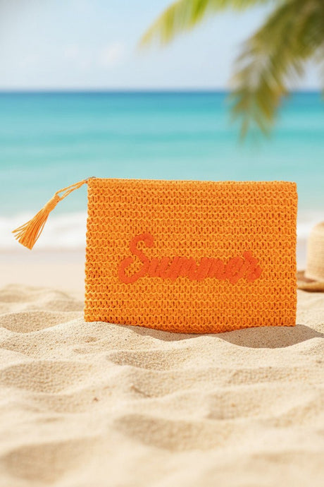 Golden Hour Summer Script Orange Straw Pouch - Wholesale Accessory Market