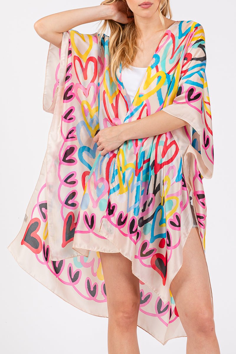 Colorful All Heart Silky Beige Kimono - Wholesale Accessory Market