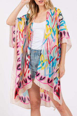 Colorful All Heart Silky Beige Kimono - Wholesale Accessory Market