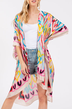 Colorful All Heart Silky Beige Kimono - Wholesale Accessory Market