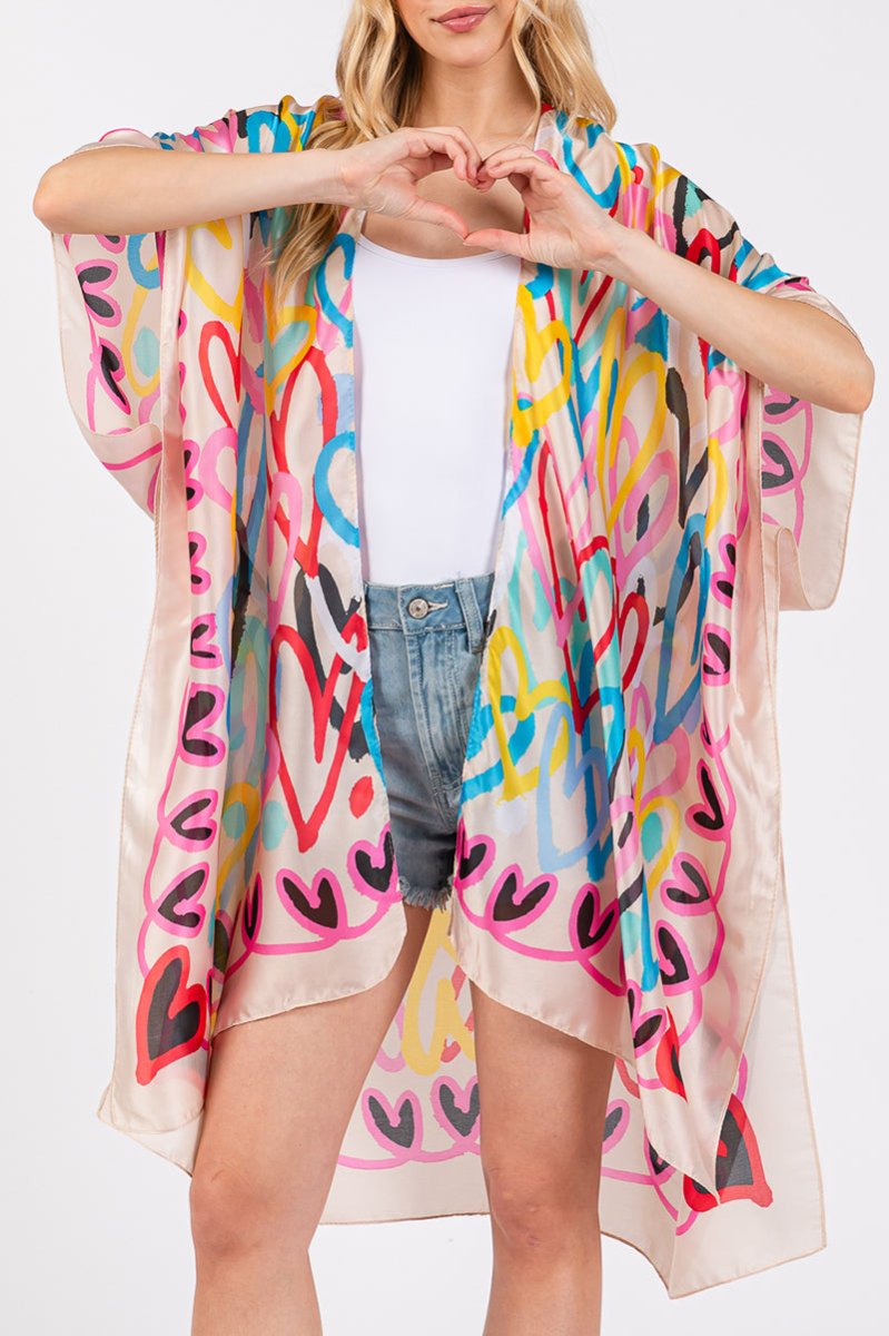 Colorful All Heart Silky Beige Kimono - Wholesale Accessory Market