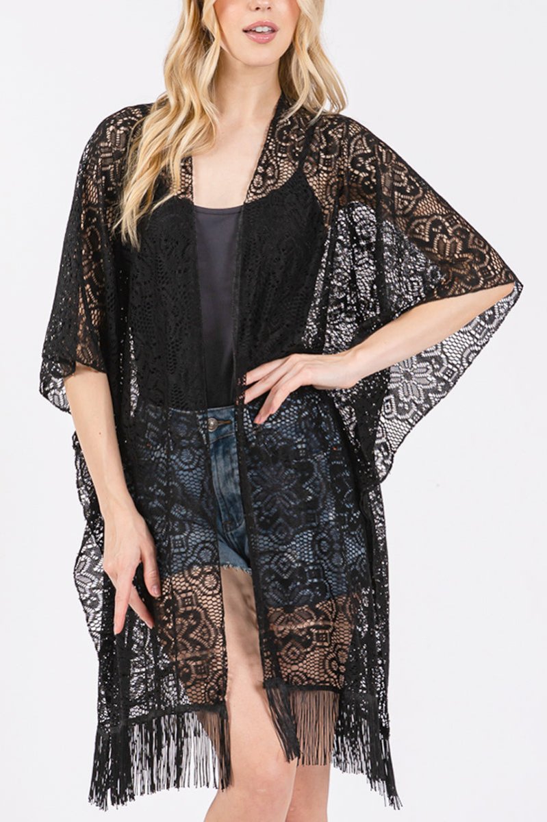 Easy Breezy Blooms Black Fringed lace Kimono - Wholesale Accessory Market
