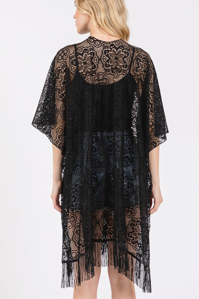 Easy Breezy Blooms Black Fringed lace Kimono - Wholesale Accessory Market