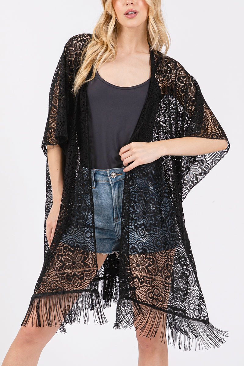 Easy Breezy Blooms Black Fringed lace Kimono - Wholesale Accessory Market