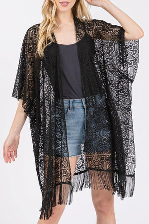 Easy Breezy Blooms Black Fringed lace Kimono - Wholesale Accessory Market