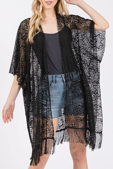 Easy Breezy Blooms Black Fringed lace Kimono - Wholesale Accessory Market