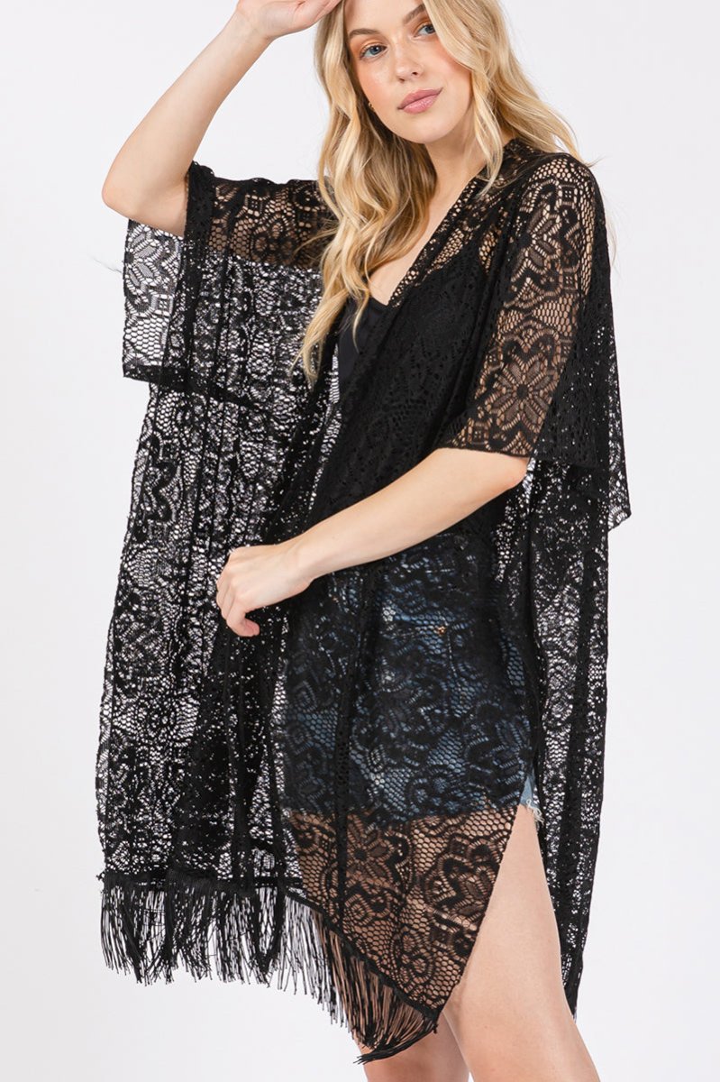 Easy Breezy Blooms Black Fringed lace Kimono - Wholesale Accessory Market