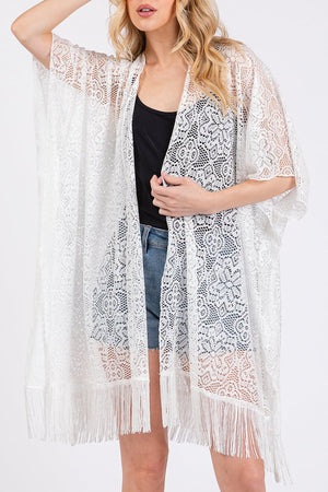 Easy Breezy Blooms White Fringed lace Kimono - Wholesale Accessory Market