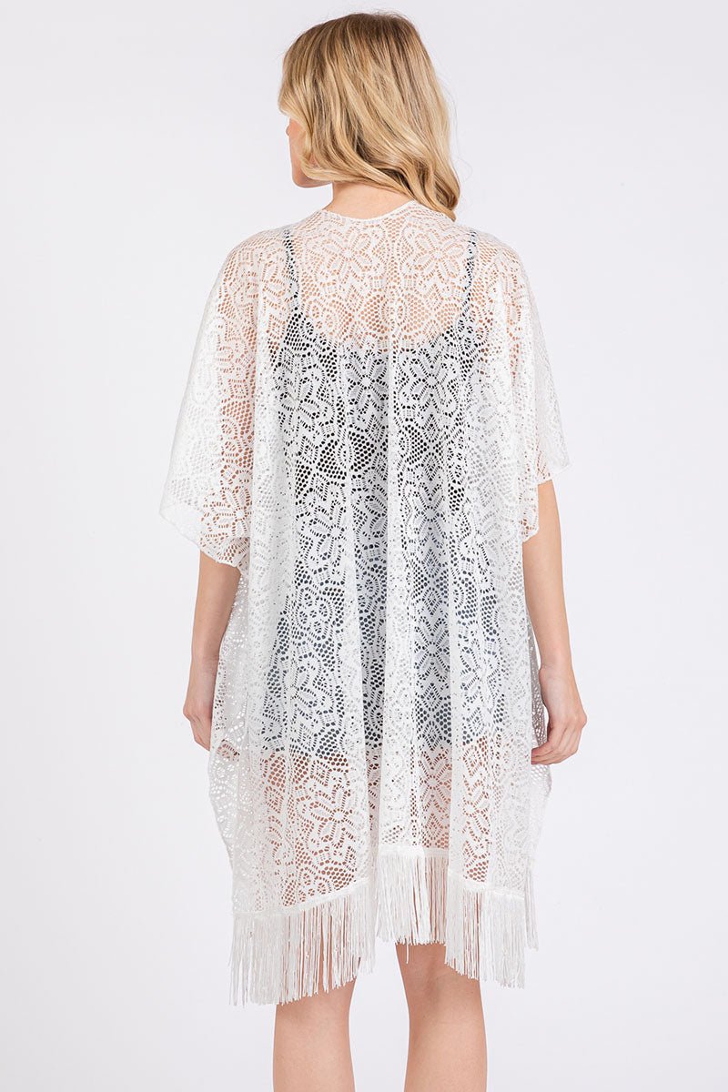 Easy Breezy Blooms White Fringed lace Kimono - Wholesale Accessory Market