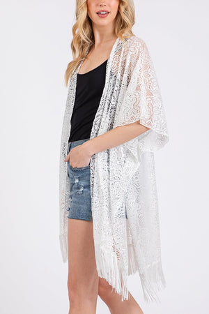 Easy Breezy Blooms White Fringed lace Kimono - Wholesale Accessory Market