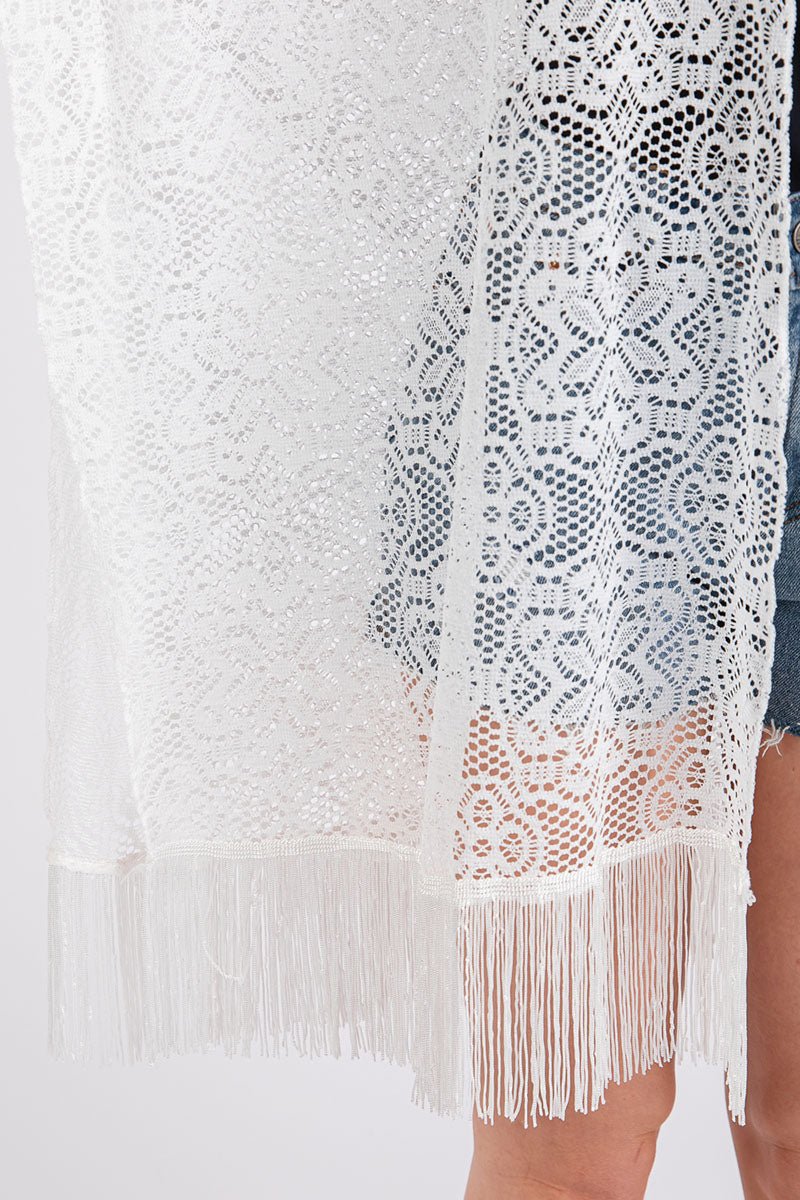 Easy Breezy Blooms White Fringed lace Kimono - Wholesale Accessory Market