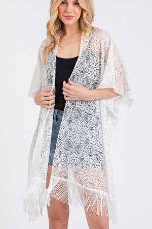 Easy Breezy Blooms White Fringed lace Kimono - Wholesale Accessory Market