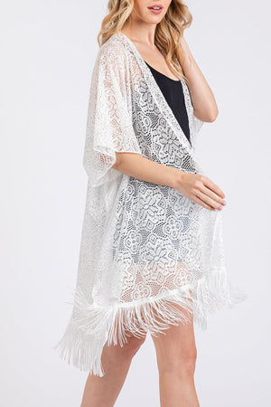 Easy Breezy Blooms White Fringed lace Kimono - Wholesale Accessory Market