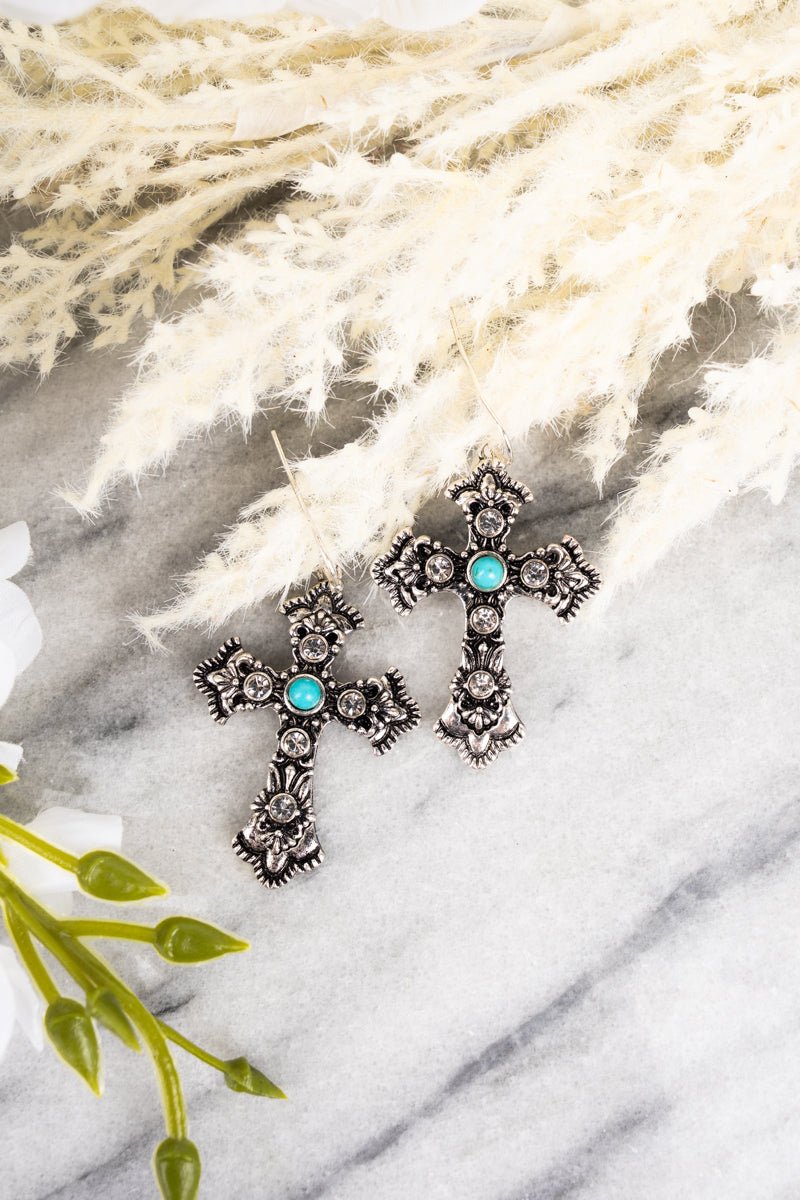 Turquoise and Crystal Octavia Cross Earrings - Wholesale Accessory Market