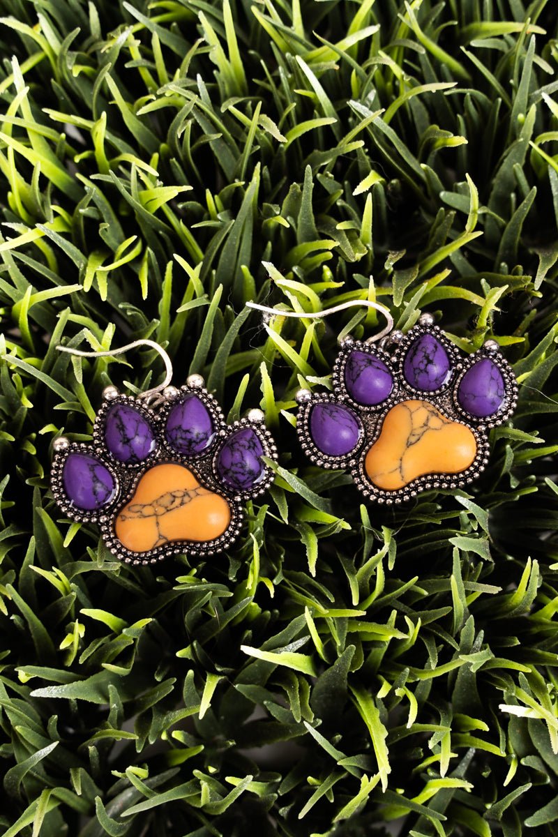 Purple and Yellow Silvertone Paw Print Earrings Wholesale Accessory