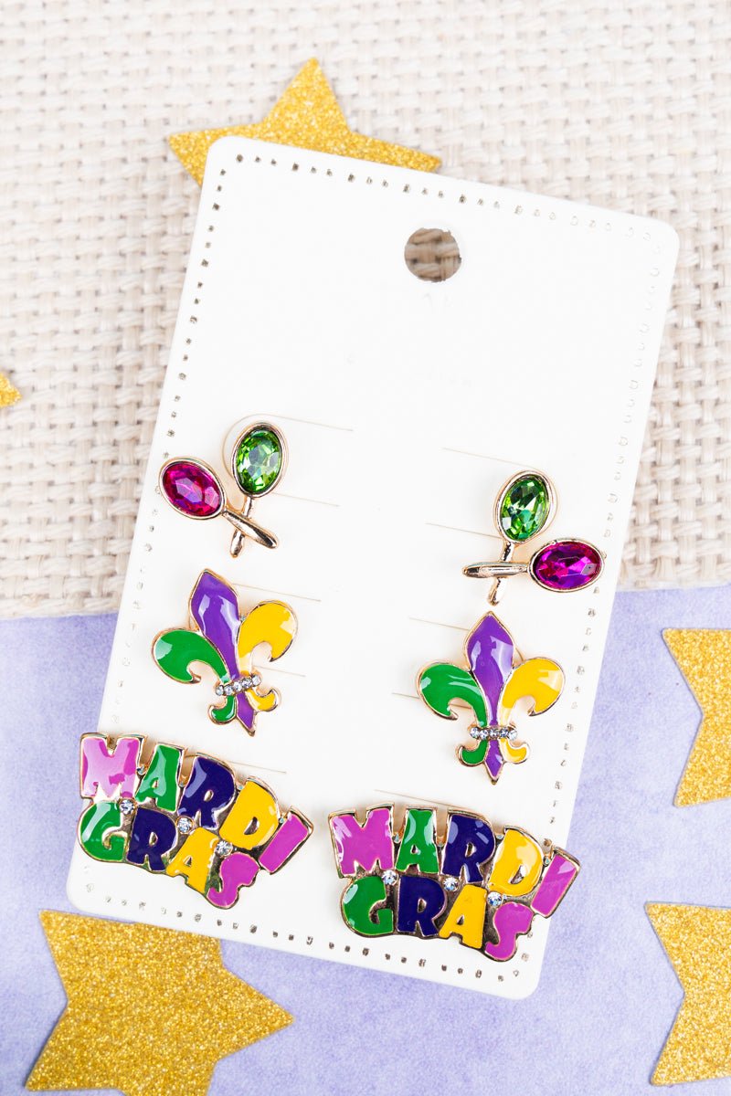 Mardi Gras Time Earrings 3 Pair Set - Wholesale Accessory Market