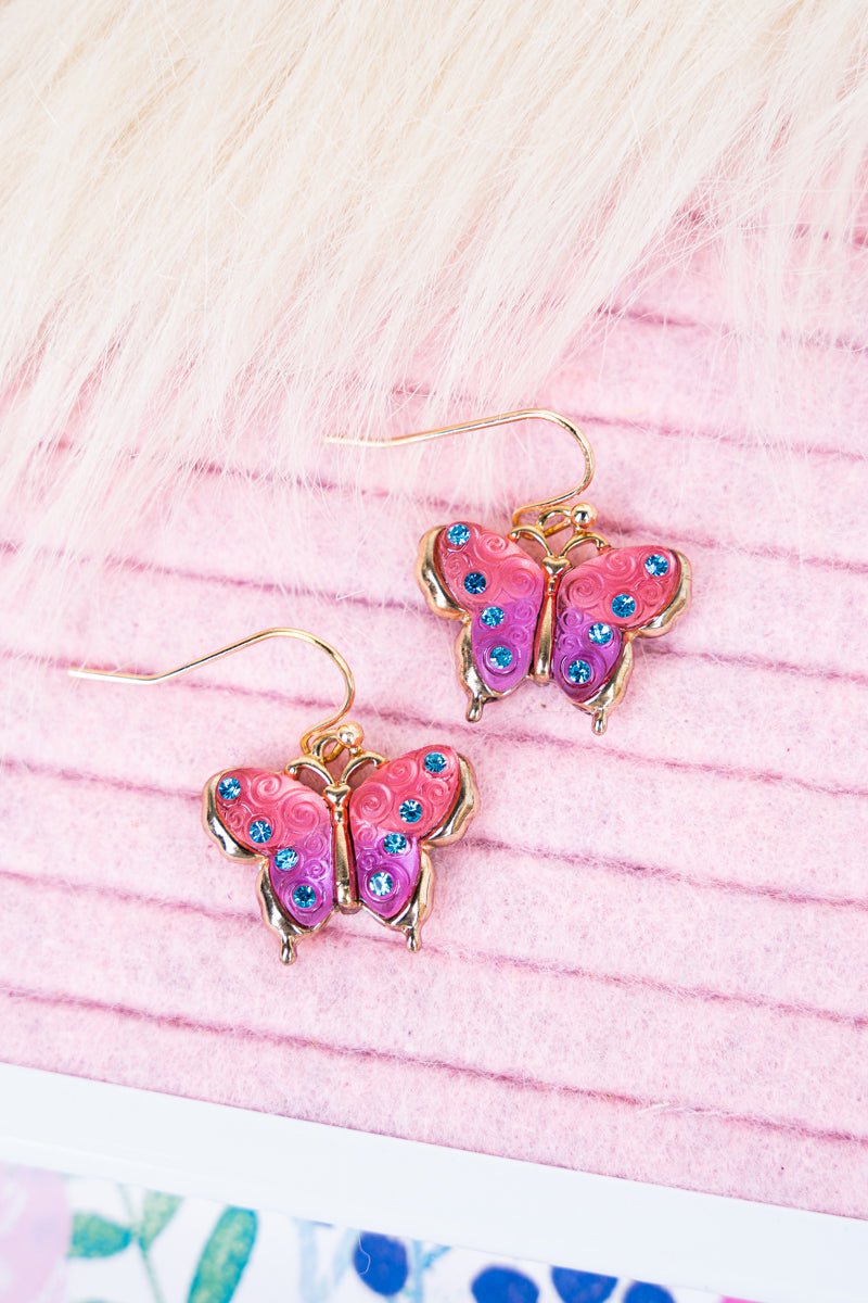 Crystal Avalon Pink Butterfly Goldtone Earrings - Wholesale Accessory Market