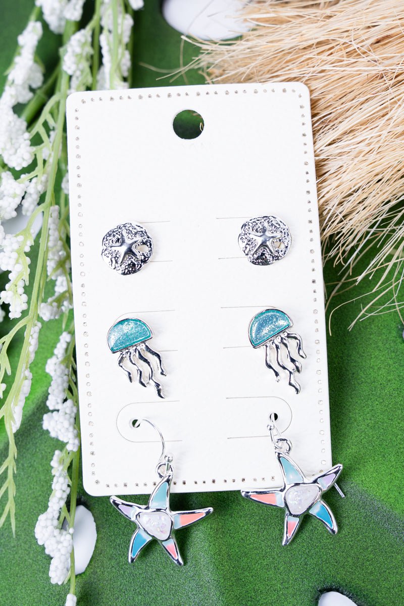 Garden Glam Opal Starfish Stud and Dangle Earrings 3 Pair Set - Wholesale Accessory Market