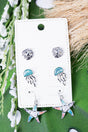 Garden Glam Opal Starfish Stud and Dangle Earrings 3 Pair Set - Wholesale Accessory Market