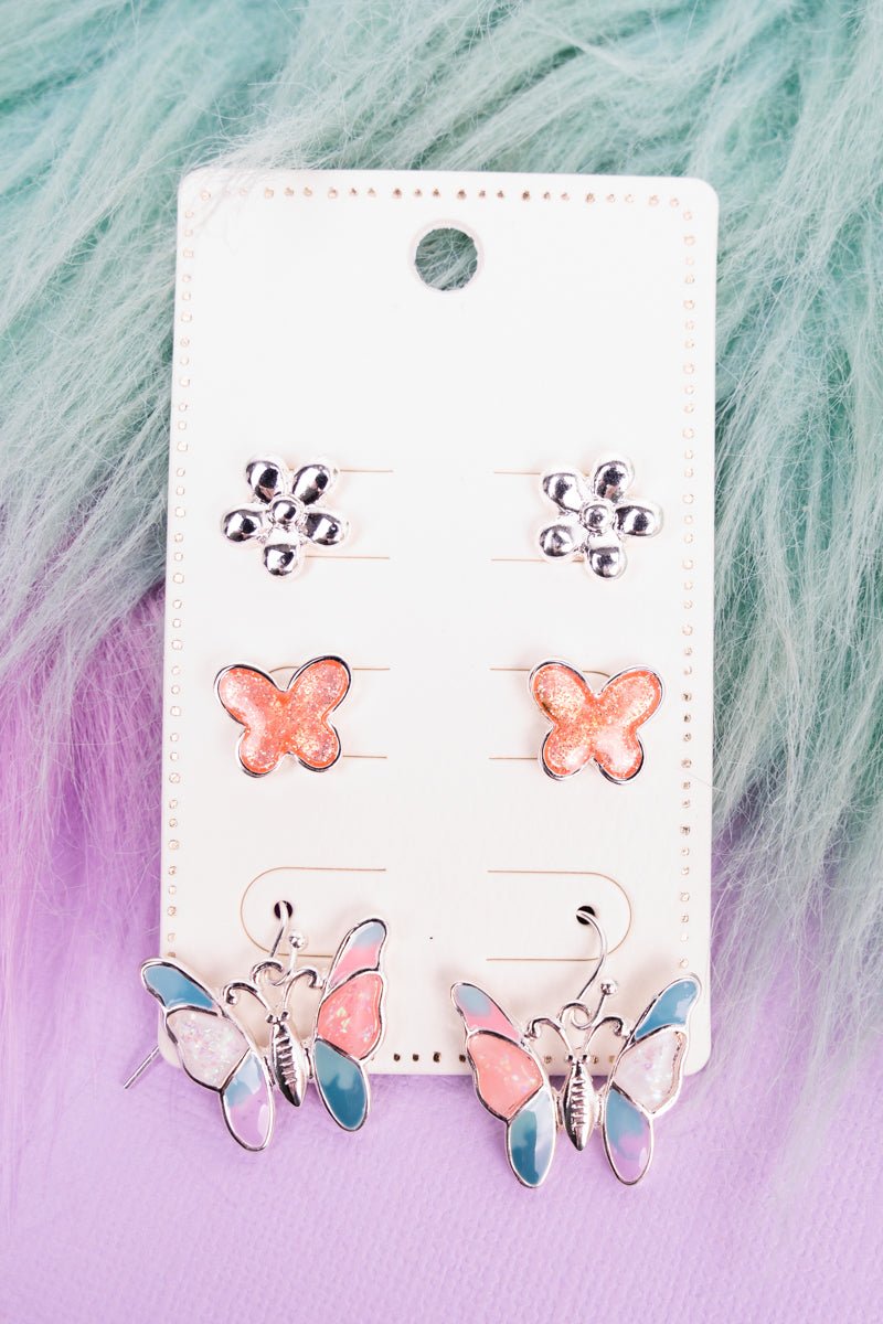 Garden Glam Opal Butterfly Stud and Dangle Earrings 3 Pair Set - Wholesale Accessory Market