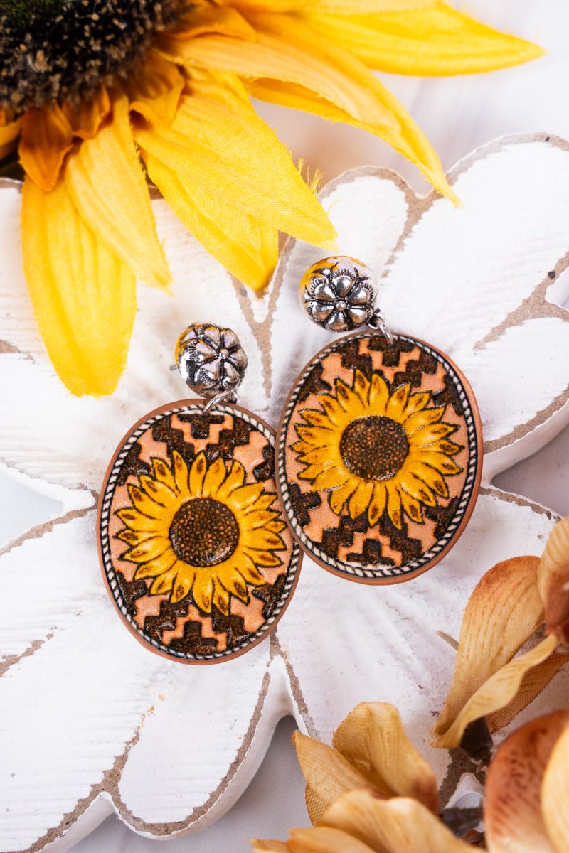 Sunflower Oval Faux Leather Silvertone Earrings - Wholesale Accessory Market