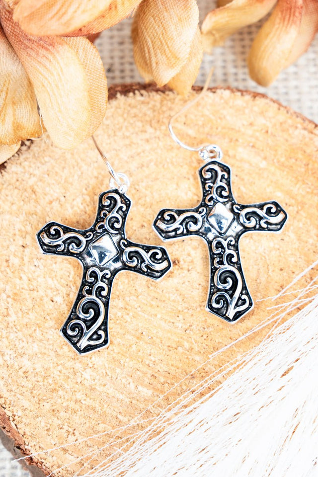 Caroline Cross Silvertone Scroll Earrings - Wholesale Accessory Market
