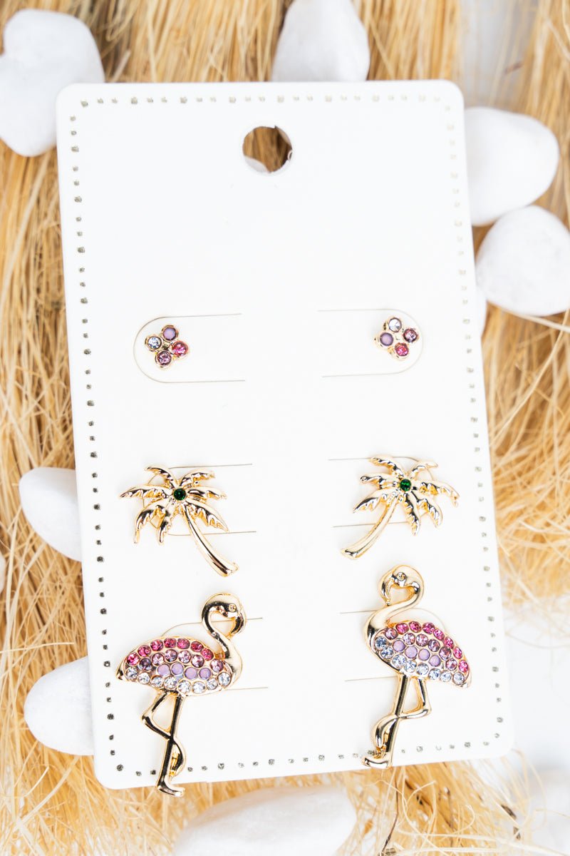 Tropical Vacation Goldtone Earrings 3 Pair Set - Wholesale Accessory Market