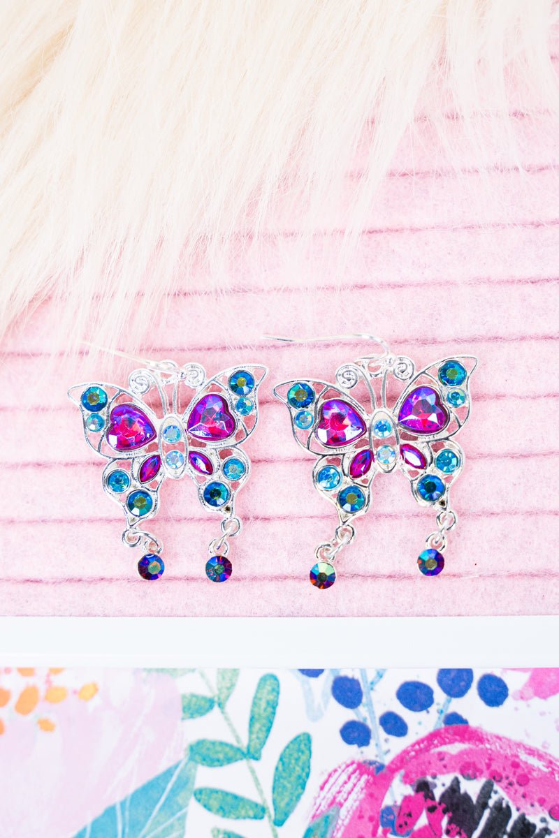 Multi - Color Summer Sparkle Butterfly Silvertone Earrings - Wholesale Accessory Market