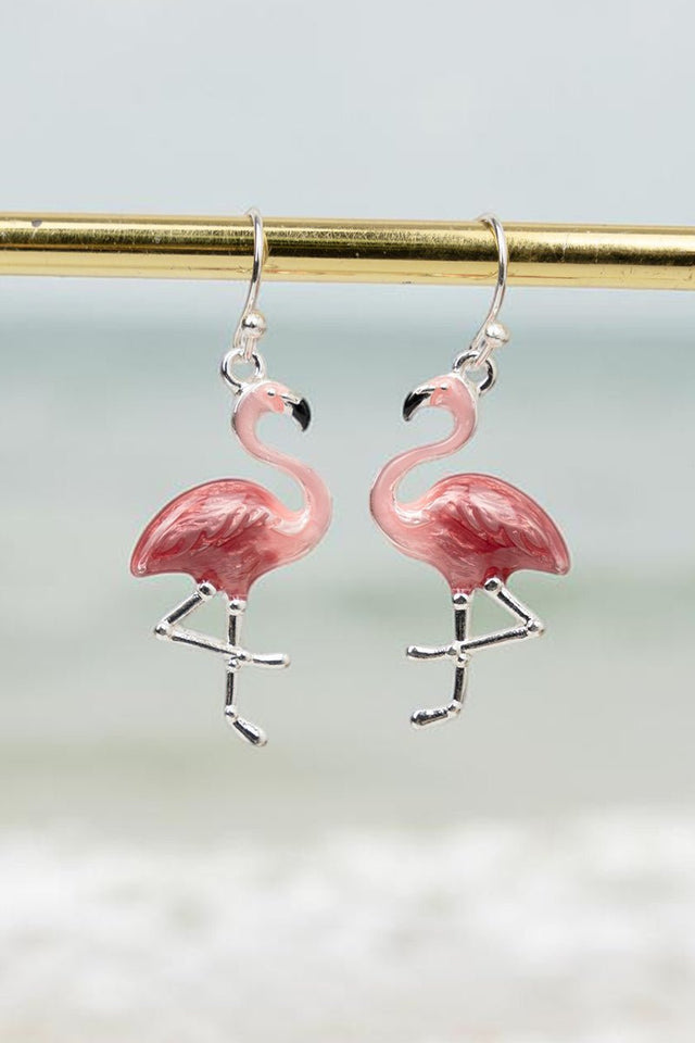 Sunlit Shore Pink Flamingo Silvertone Earrings - Wholesale Accessory Market