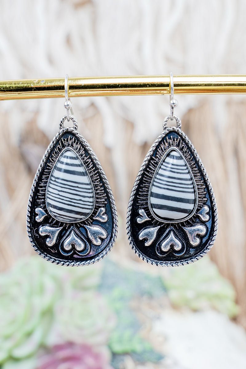 Black Sugarland Stripes Silvertone Teardrop Earrings - Wholesale Accessory Market