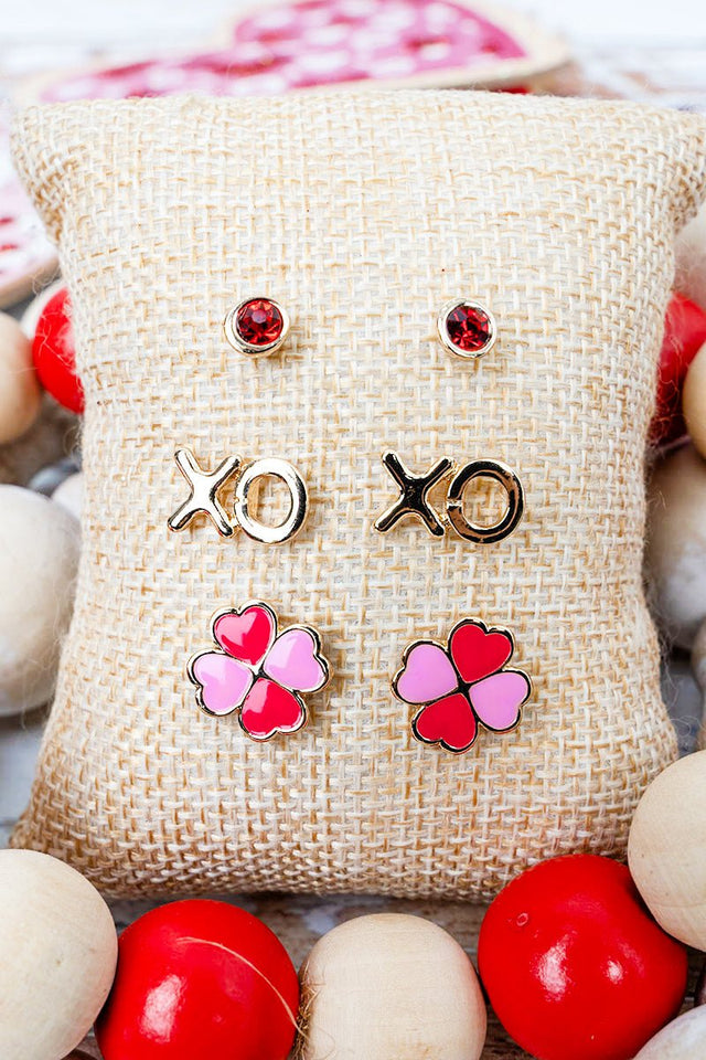 Endless XO Red Stud Earrings 3 Pair Set - Wholesale Accessory Market