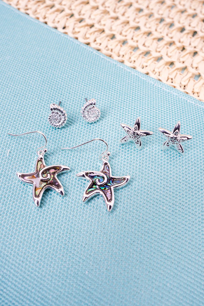 St. Lucia Starfish Silvertone Earrings 3 Pair Set - Wholesale Accessory Market