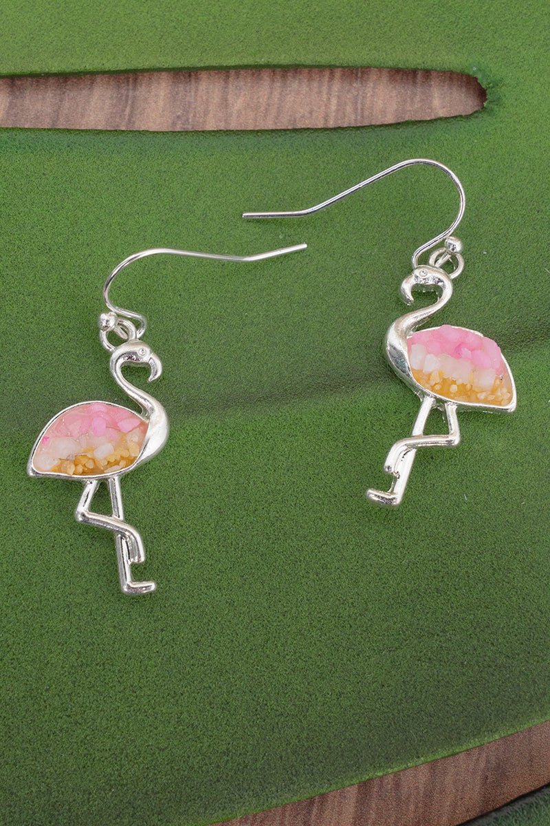 Pink Multi Pebble Cove Flamingo Silvertone Earrings - Wholesale Accessory Market