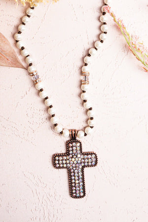 Pearl and Crystal Cross Burnished Coppertone Necklace - Wholesale Accessory Market
