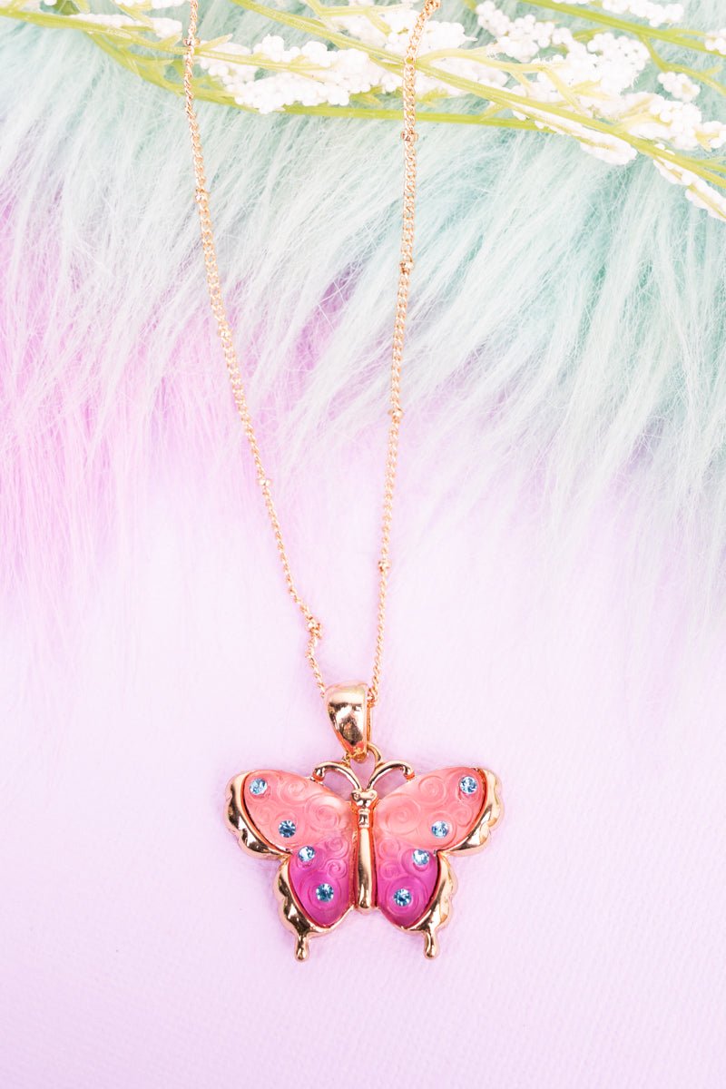 Crystal Avalon Pink Butterfly Goldtone Necklace - Wholesale Accessory Market