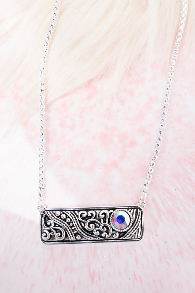Iridescent Rhinestone Scroll Vienna Silvertone Necklace - Wholesale Accessory Market