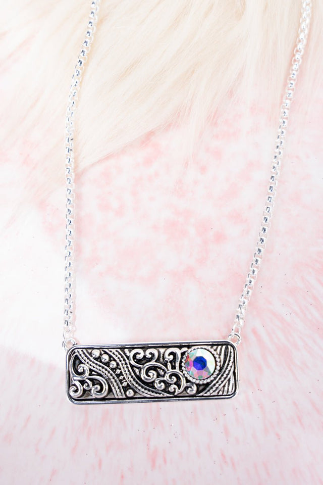 Iridescent Rhinestone Scroll Vienna Silvertone Necklace - Wholesale Accessory Market