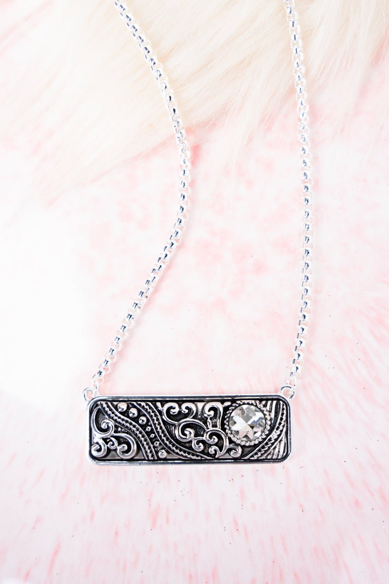 Clear Rhinestone Scroll Vienna Silvertone Necklace - Wholesale Accessory Market