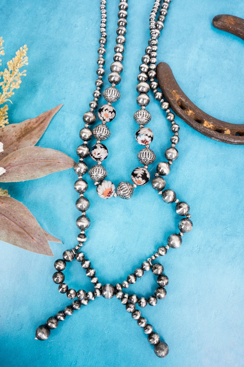 Dakota Daisies Silver Pearl Bow Layered Necklace - Wholesale Accessory Market