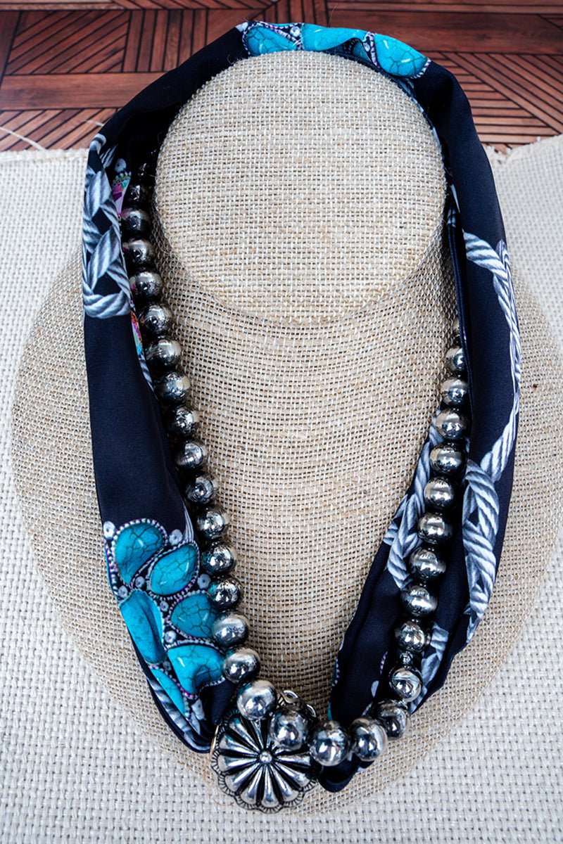 Laredo Lariat Black Bead & Scarf Double Necklace Set - Wholesale Accessory Market