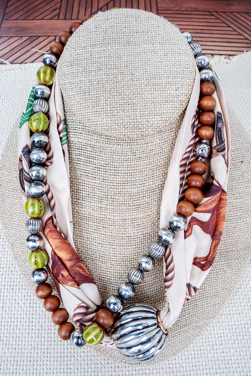 Desert Days Cowboy Brown Bead & Scarf Double Necklace Set - Wholesale Accessory Market