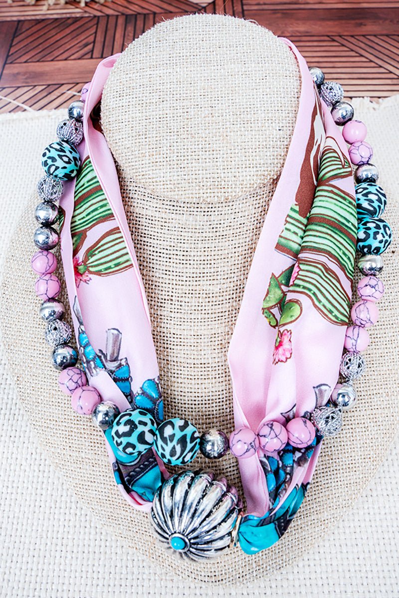 Cheyenne Cowgirl Pink Bead & Scarf Double Necklace Set - Wholesale Accessory Market