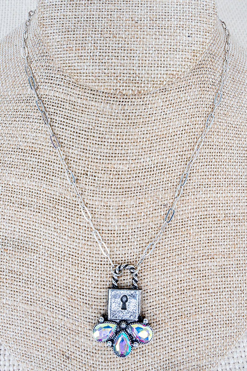 Iridescent Lock & Lasso Silvertone Necklace - Wholesale Accessory Market