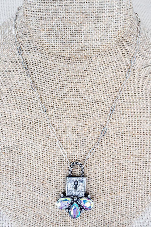 Iridescent Lock & Lasso Silvertone Necklace - Wholesale Accessory Market