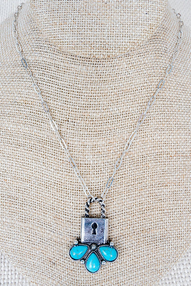 Turquoise Lock & Lasso Silvertone Necklace - Wholesale Accessory Market