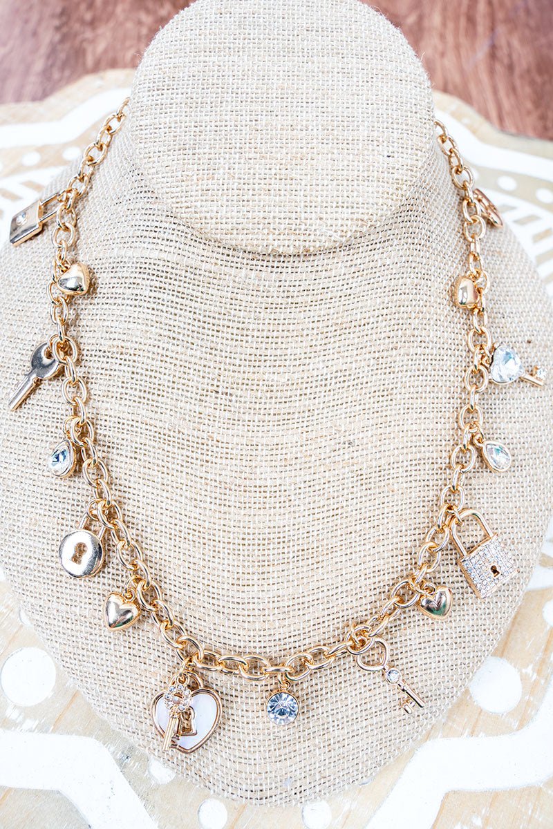 Unlock This Look Crystal Goldtone Charm Necklace - Wholesale Accessory Market