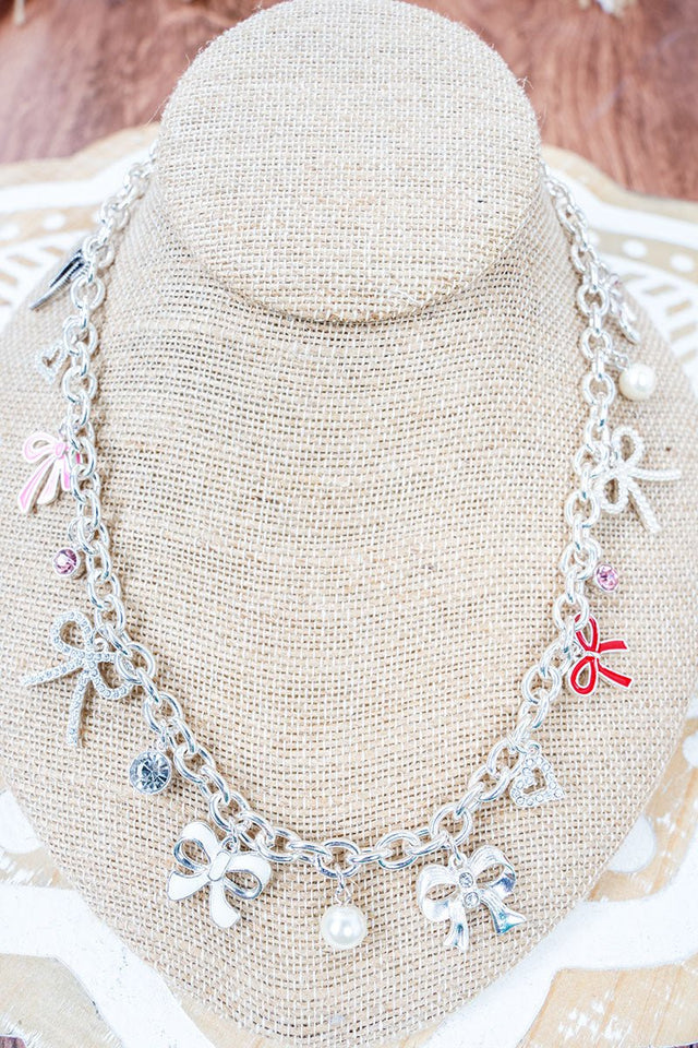 Bows & Sparkles Silvertone Charm Necklace - Wholesale Accessory Market