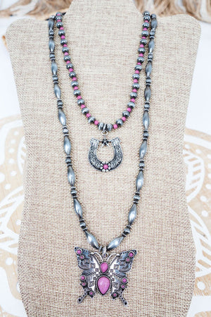 Pink Frontier Flutter Silver Pearl Layered Necklace - Wholesale Accessory Market