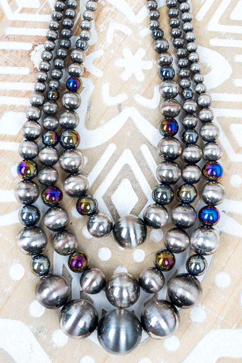 Midnight Mirage Iridescent & Silver Pearl Layered Necklace - Wholesale Accessory Market